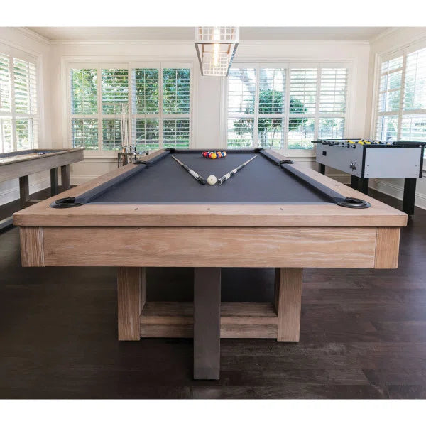 American Heritage Abbey Pool Table – Antique Gray Solid Poplar with Steel & Wood Legs and Leather Drop Pockets